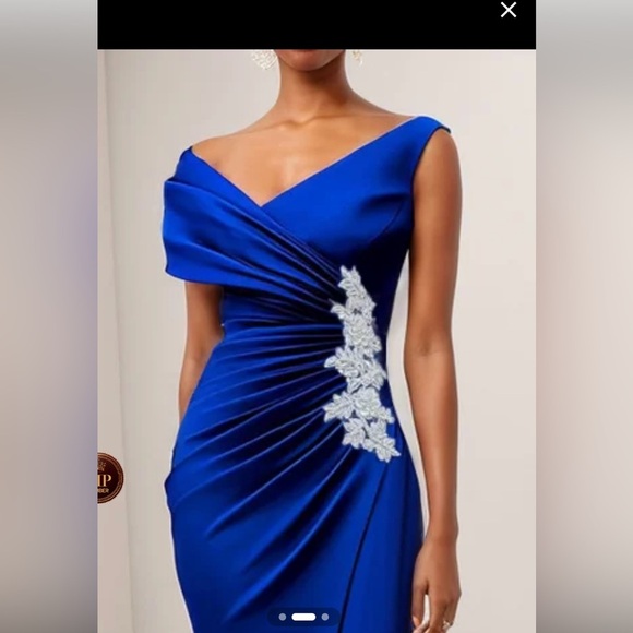 Blue Asymmetrical One Shoulder Gown with Ruched Embellishments - Picture 2 of 4